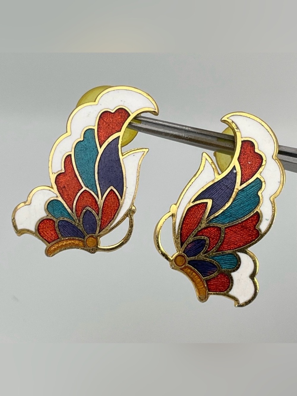 Vintage Enamel Butterfly Wing Earrings Gold Tone Red Blue White Statement Pair